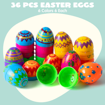 Printed Easter Eggs 36 Pcs 3.15", Plastic Fillable Empty Easter Eggs Bulk for Easter Hunt, Basket Stuffers Filler, Classroom Prize Supplies,Party Favors