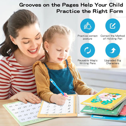 Magic Groove Handwriting Practice Copybook, Reusable A5 Learning Notebook for Kids, 5 Books with 2 Pens