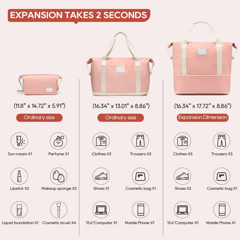 2 Piece Travel Duffel Bag Set Waterproof Carry-On Weekender Bag with Toiletry Bag, Lightweight Expandable Overnight Luggage for Women & Men