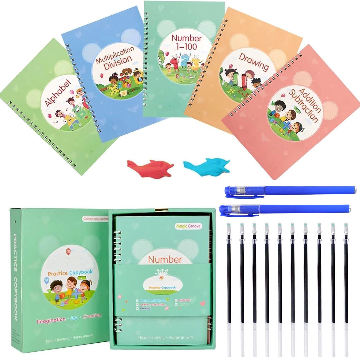 Magic Groove Handwriting Practice Copybook, Reusable A5 Learning Notebook for Kids, 5 Books with 2 Pens