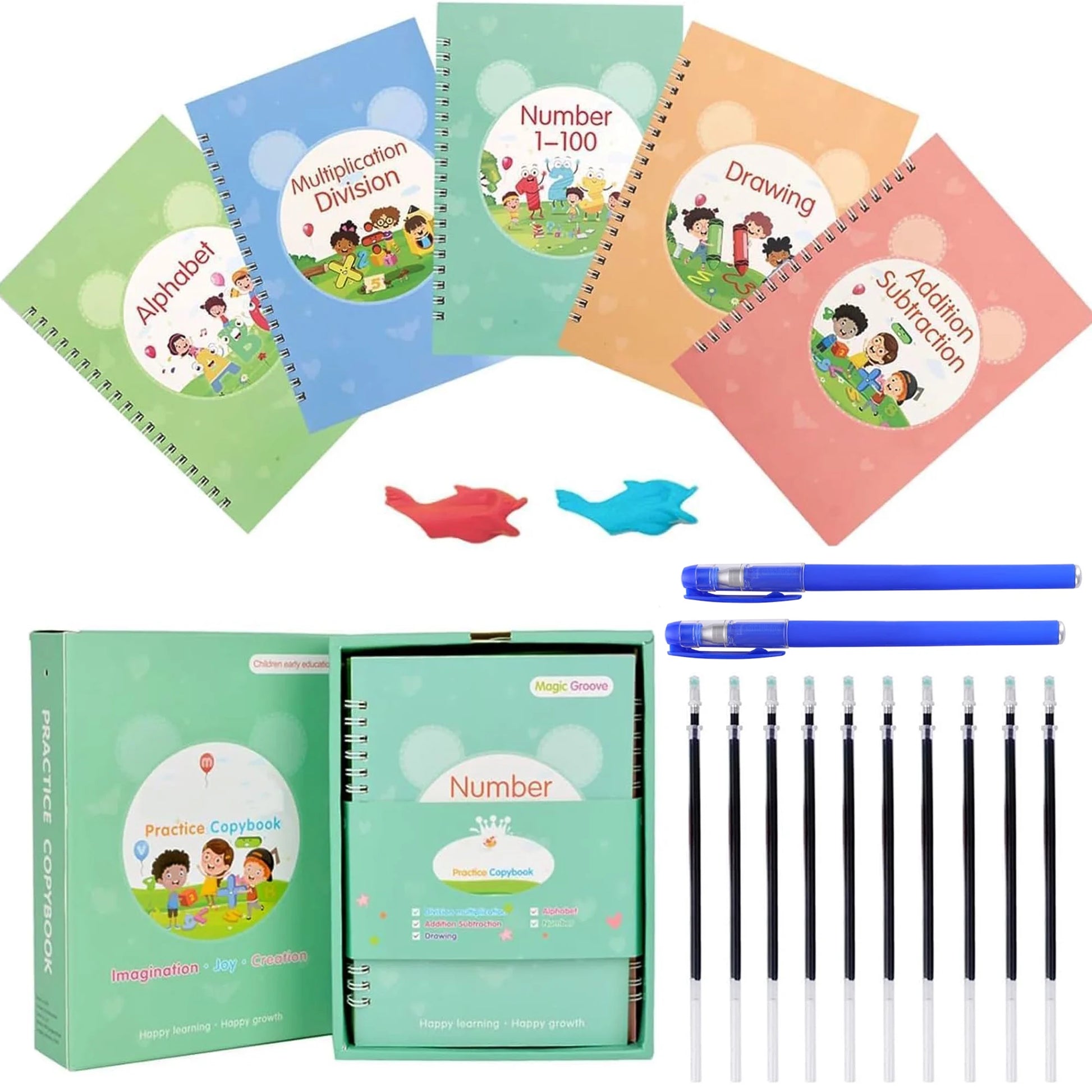 Magic Groove Handwriting Practice Copybook, Reusable A5 Learning Notebook for Kids, 5 Books with 2 Pens