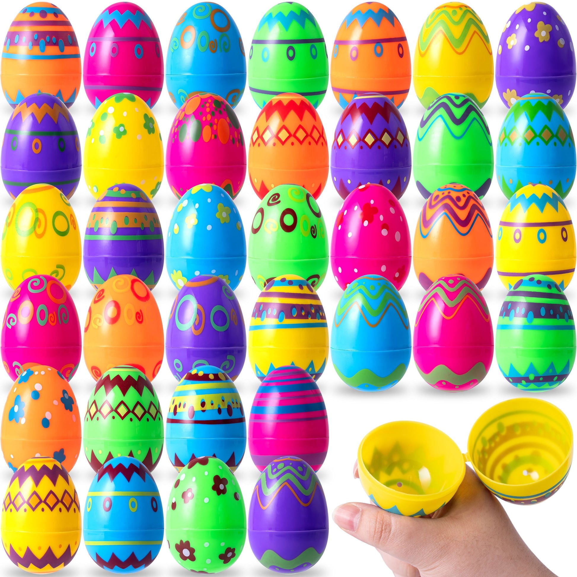 Printed Easter Eggs 36 Pcs 3.15", Plastic Fillable Empty Easter Eggs Bulk for Easter Hunt, Basket Stuffers Filler, Classroom Prize Supplies,Party Favors