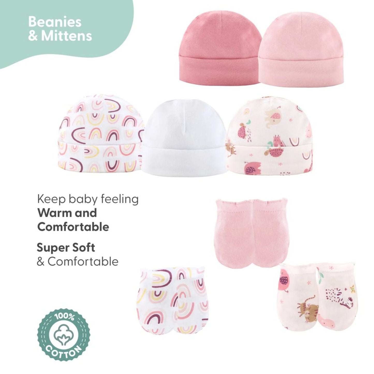 Newborn Layette Gift Set for Baby Girls, 23 Essential Pieces, Pink Rainbow Safari Animals, 0-3 Months