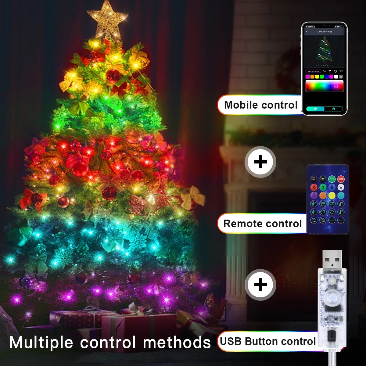 20M RGBIC USB 5V LED String Light Bluetooth Music App WS2812 Programmable DIY Fairy Lights Birthday Party Garland Christmas Decoration