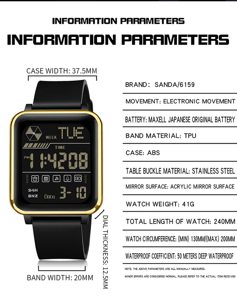 SANDA 6159 relojes electrónicos de moda para hombres reloj despertador multifuncional luminoso de silicona resistente al agua reloj Digital para estudiantes
