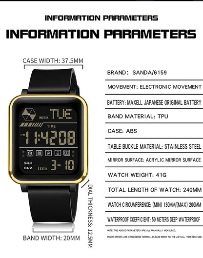 SANDA 6159 relojes electrónicos de moda para hombres reloj despertador multifuncional luminoso de silicona resistente al agua reloj Digital para estudiantes