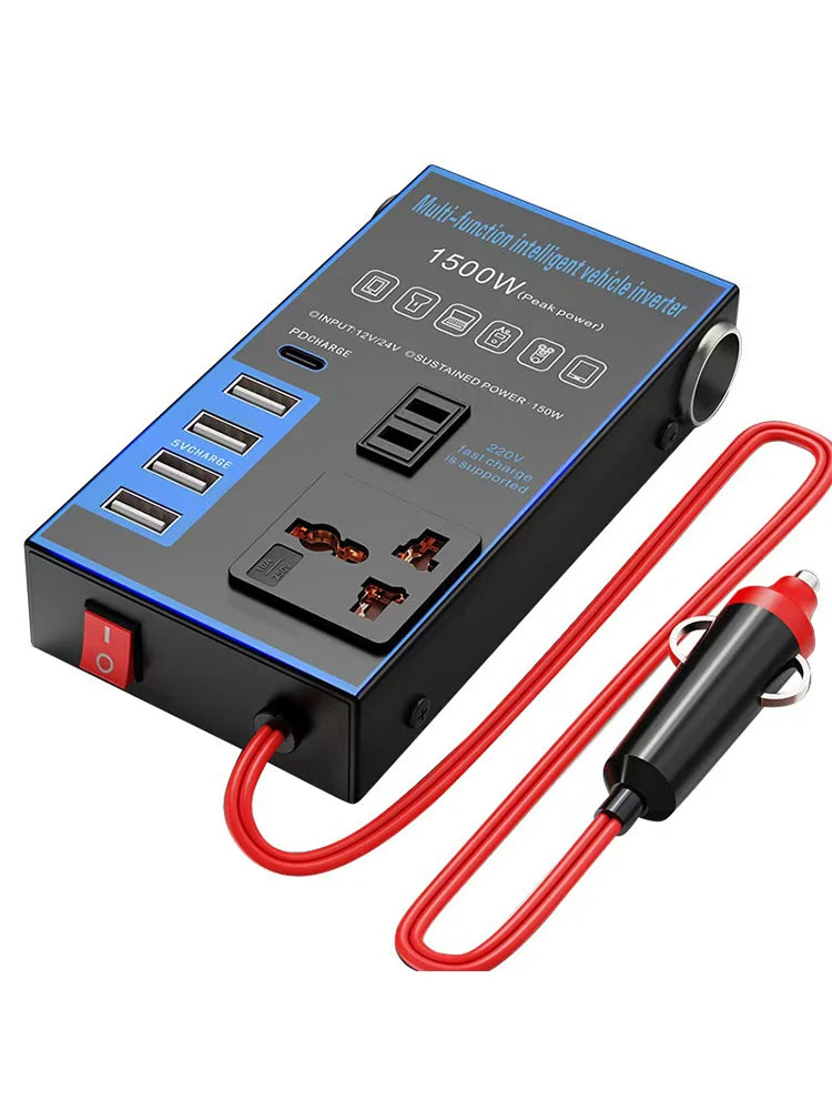 Inversor de corriente para coche de 1500W, 12V, 24V a 220V, carga USB para teléfono móvil, enchufe para el hogar, adaptador convertidor de cargador automático