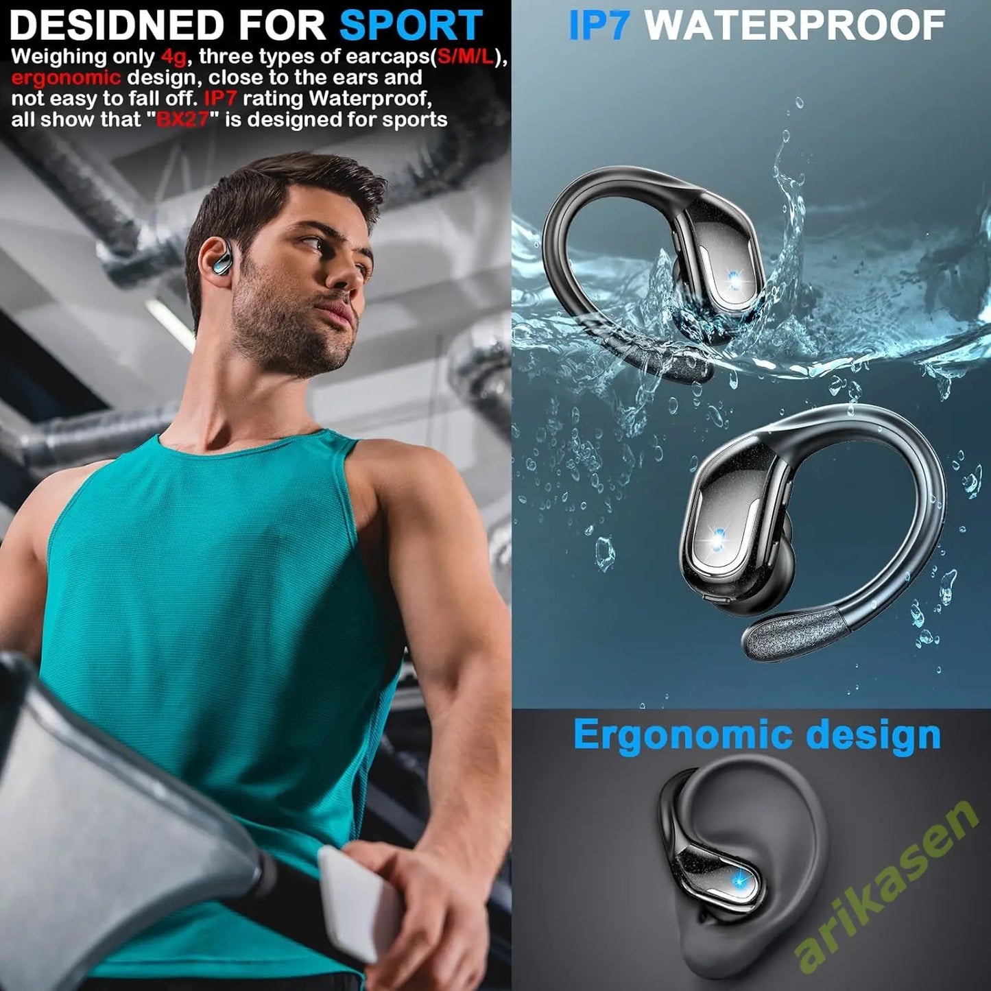 75Hrs Bluetooth 5.3 Headphones, IP7 Waterproof Wireless Earbuds with ENC Noise Cancelling Mic, Deep Bass for Sports, Workout and Gym