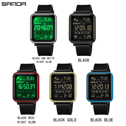 SANDA 6159 relojes electrónicos de moda para hombres reloj despertador multifuncional luminoso de silicona resistente al agua reloj Digital para estudiantes