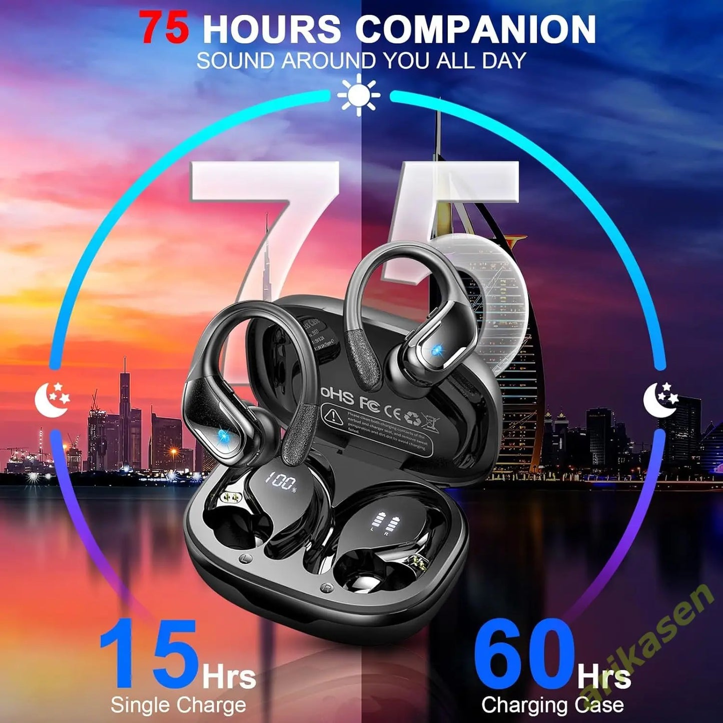 75Hrs Bluetooth 5.3 Headphones, IP7 Waterproof Wireless Earbuds with ENC Noise Cancelling Mic, Deep Bass for Sports, Workout and Gym
