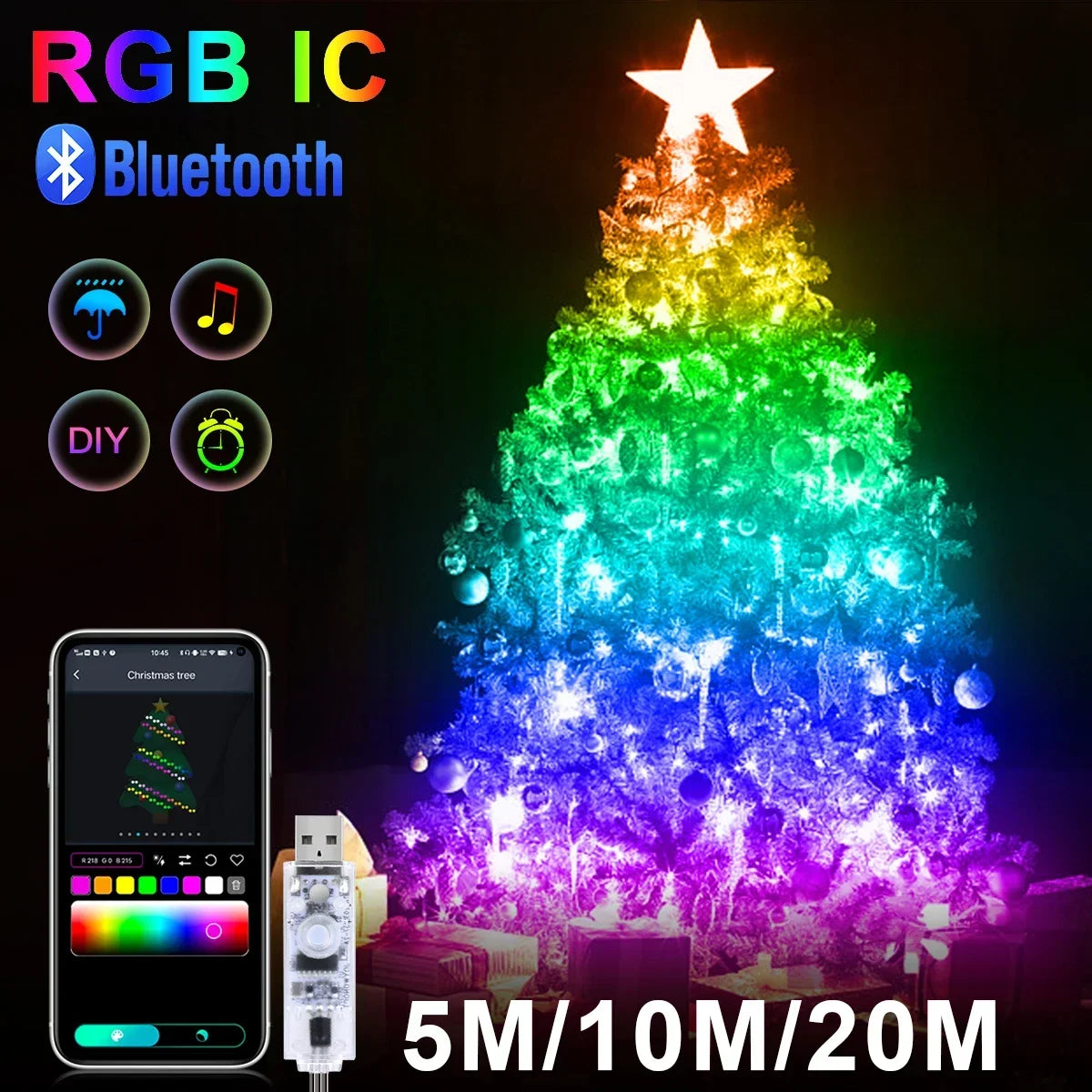 20M RGBIC USB 5V LED String Light Bluetooth Music App WS2812 Programmable DIY Fairy Lights Birthday Party Garland Christmas Decoration