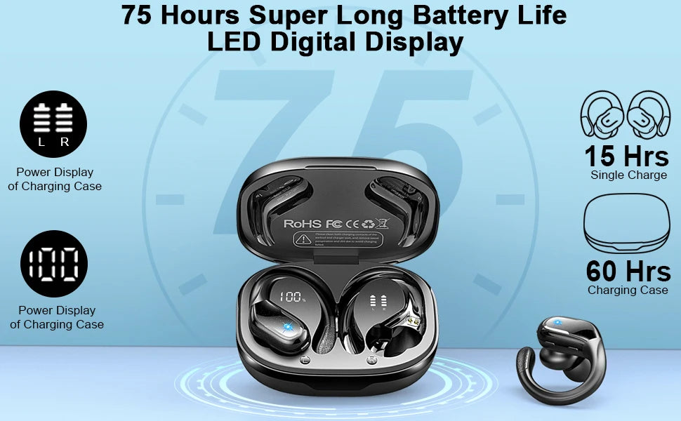 75Hrs Bluetooth 5.3 Headphones, IP7 Waterproof Wireless Earbuds with ENC Noise Cancelling Mic, Deep Bass for Sports, Workout and Gym
