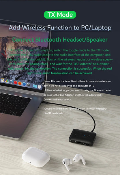 Transmisor receptor inalámbrico Bluetooth 5,4, adaptador de Audio estéreo HIFI AUX/U Disk/TF de 3,5mm con micrófono para Kit de coche, altavoz, PC y TV