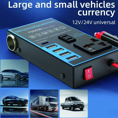 Inversor de corriente para coche de 1500W, 12V, 24V a 220V, carga USB para teléfono móvil, enchufe para el hogar, adaptador convertidor de cargador automático
