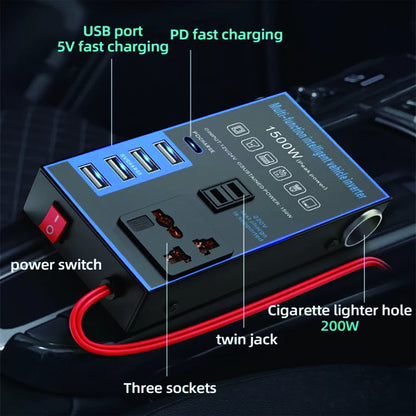 Inversor de corriente para coche de 1500W, 12V, 24V a 220V, carga USB para teléfono móvil, enchufe para el hogar, adaptador convertidor de cargador automático