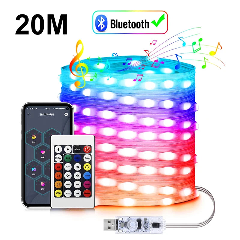 20M RGBIC USB 5V LED String Light Bluetooth Music App WS2812 Programmable DIY Fairy Lights Birthday Party Garland Christmas Decoration