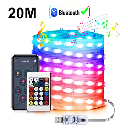 20M RGBIC USB 5V LED String Light Bluetooth Music App WS2812 Programmable DIY Fairy Lights Birthday Party Garland Christmas Decoration