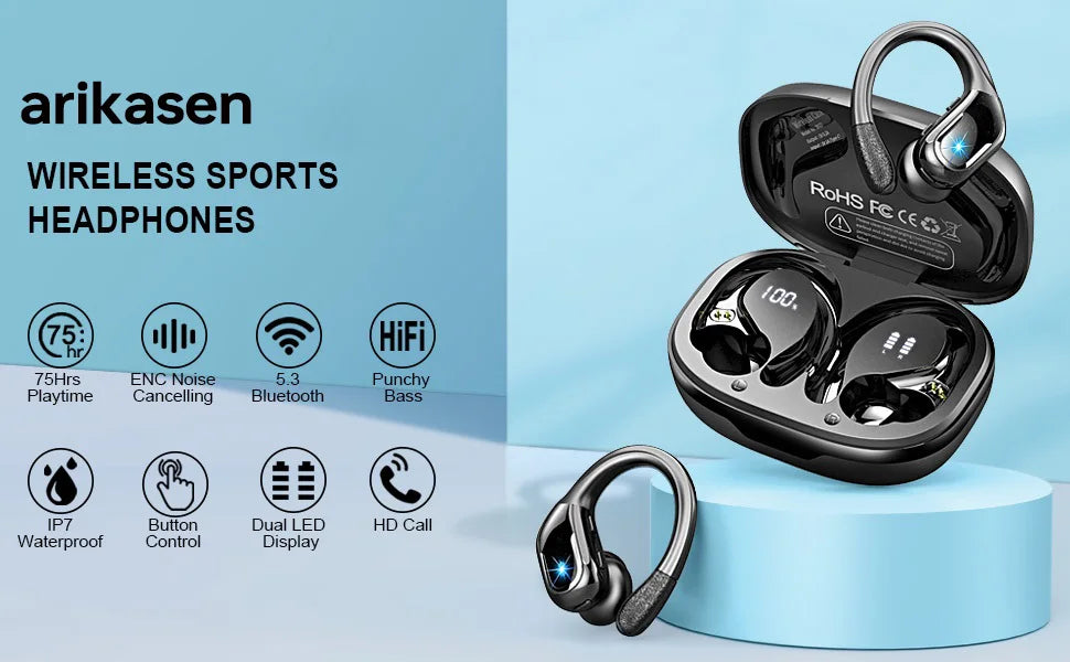 75Hrs Bluetooth 5.3 Headphones, IP7 Waterproof Wireless Earbuds with ENC Noise Cancelling Mic, Deep Bass for Sports, Workout and Gym