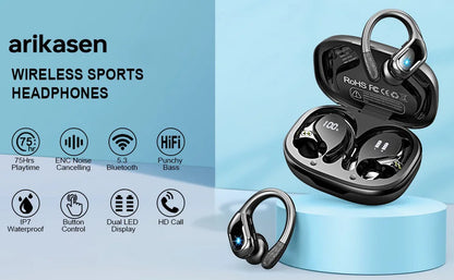 75Hrs Bluetooth 5.3 Headphones, IP7 Waterproof Wireless Earbuds with ENC Noise Cancelling Mic, Deep Bass for Sports, Workout and Gym