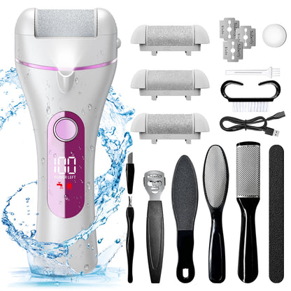 Electric Callus Remover for Feet, Portable Foot File with 18-In-1 Kit, Waterproof, 3 Roller Heads, 2 Speeds