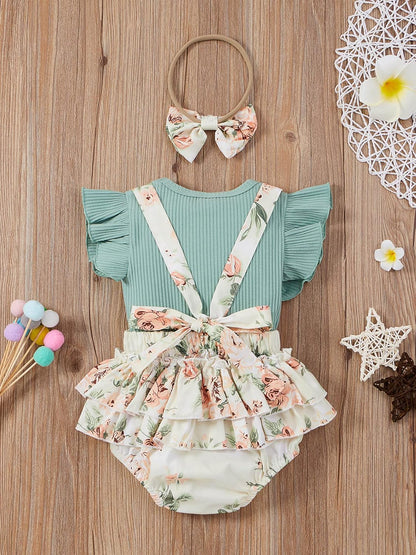 Newborn Baby Girl Clothes Romper Ruffle Short Sleeve Ribbed Tops Summer Infant Outfits Set