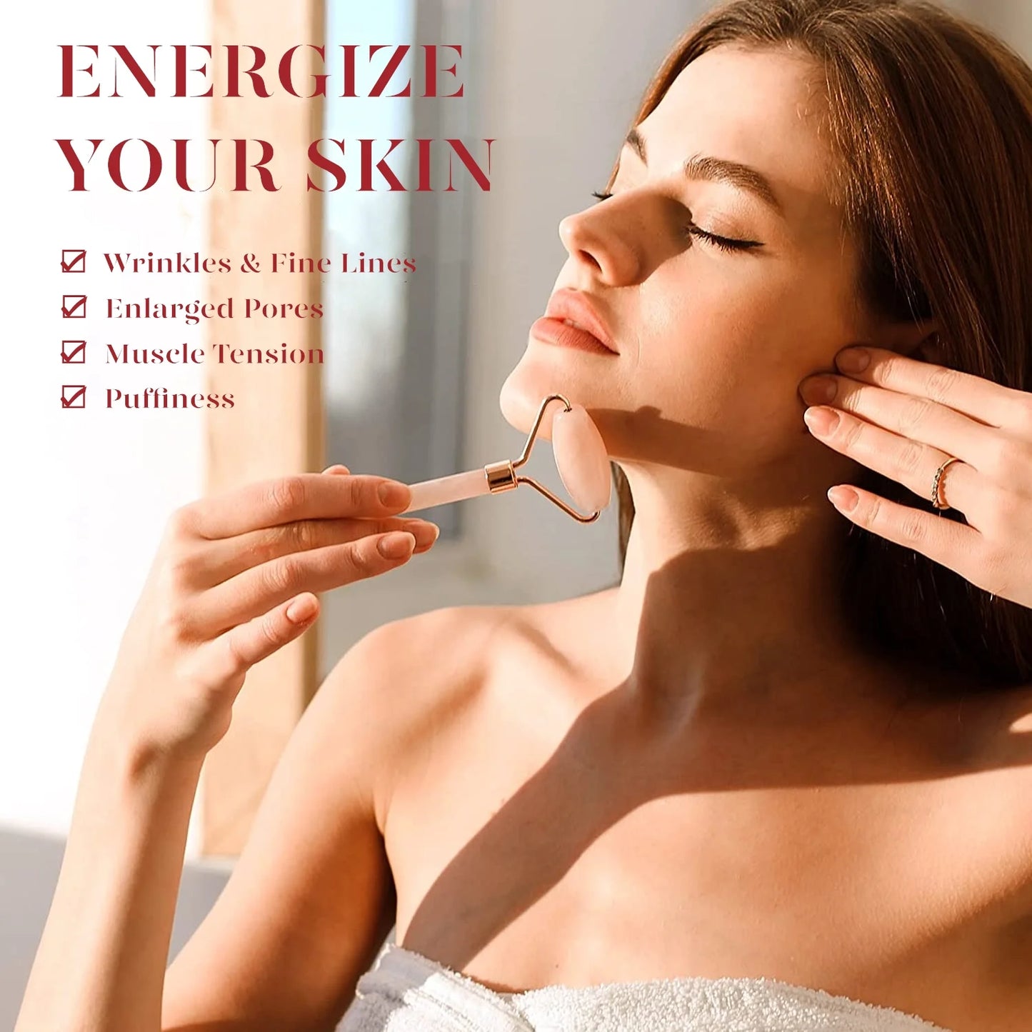 Jade Roller & Gua Sha, Natural Jade Face Roller Facial Skin Care Skin Toning Devices, Pink