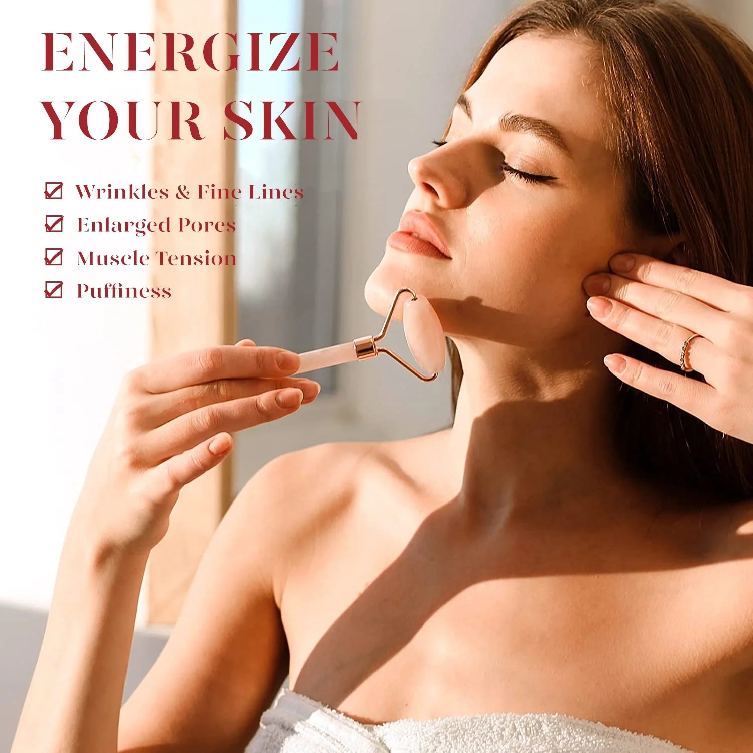Jade Roller & Gua Sha, Natural Jade Face Roller Facial Skin Care Skin Toning Devices, Pink