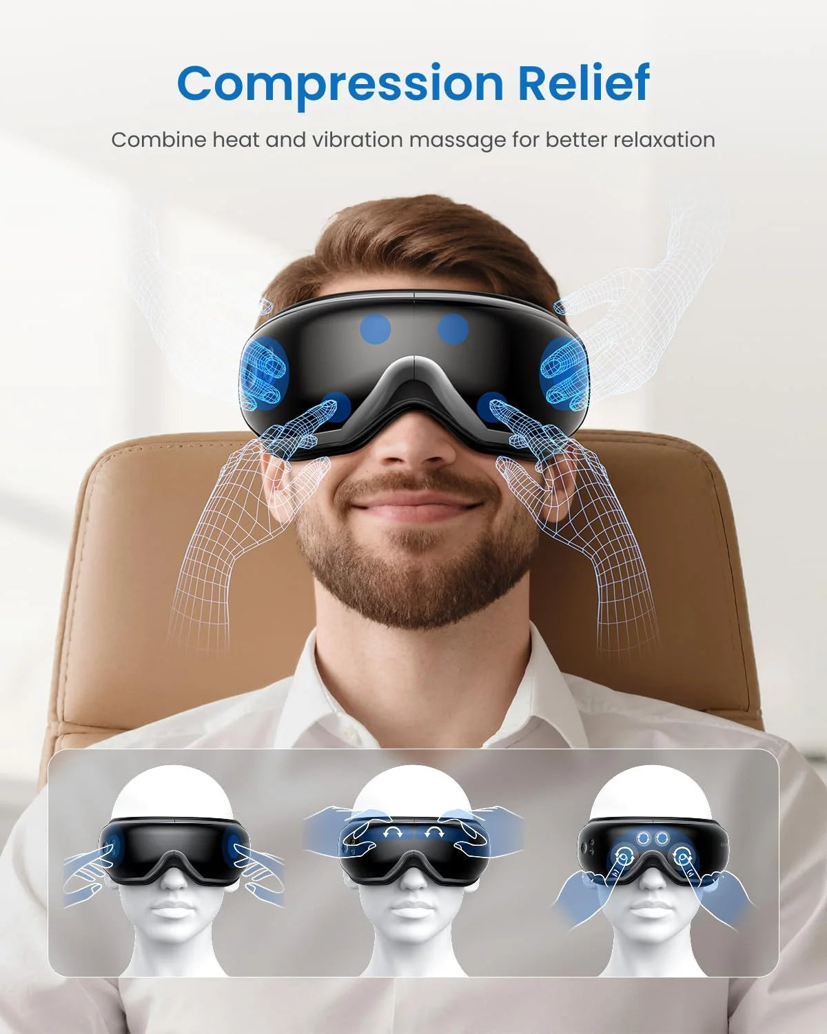 Eye Massager with Heat & Vibration – 5 Massage Modes, Bluetooth Music, Adjustable Headband, USB Rechargeable - Black