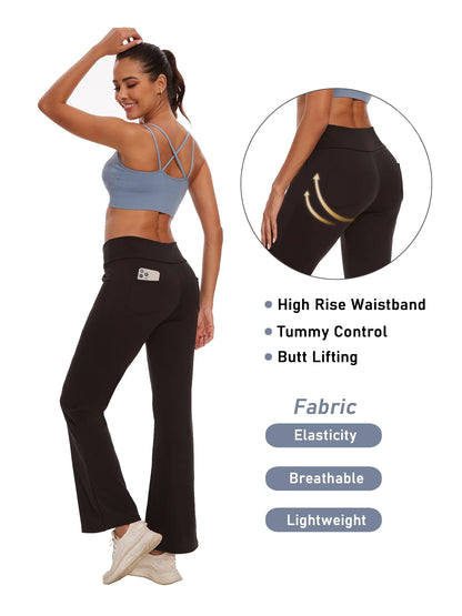 Womens Bootcut Yoga Pants Flare Workout Legging with Pockets High Waist Lightweight Bottoms Activewear Black M