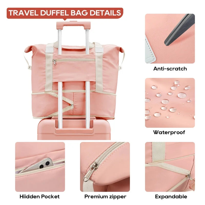 2 Piece Travel Duffel Bag Set Waterproof Carry-On Weekender Bag with Toiletry Bag, Lightweight Expandable Overnight Luggage for Women & Men