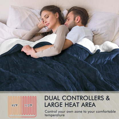 Electric Heated Blanket King Size 90''X100'', Fast Heating with Dual Controllers, 10 Heating Levels, 10H Timers, Preheat Function - Dark Blue